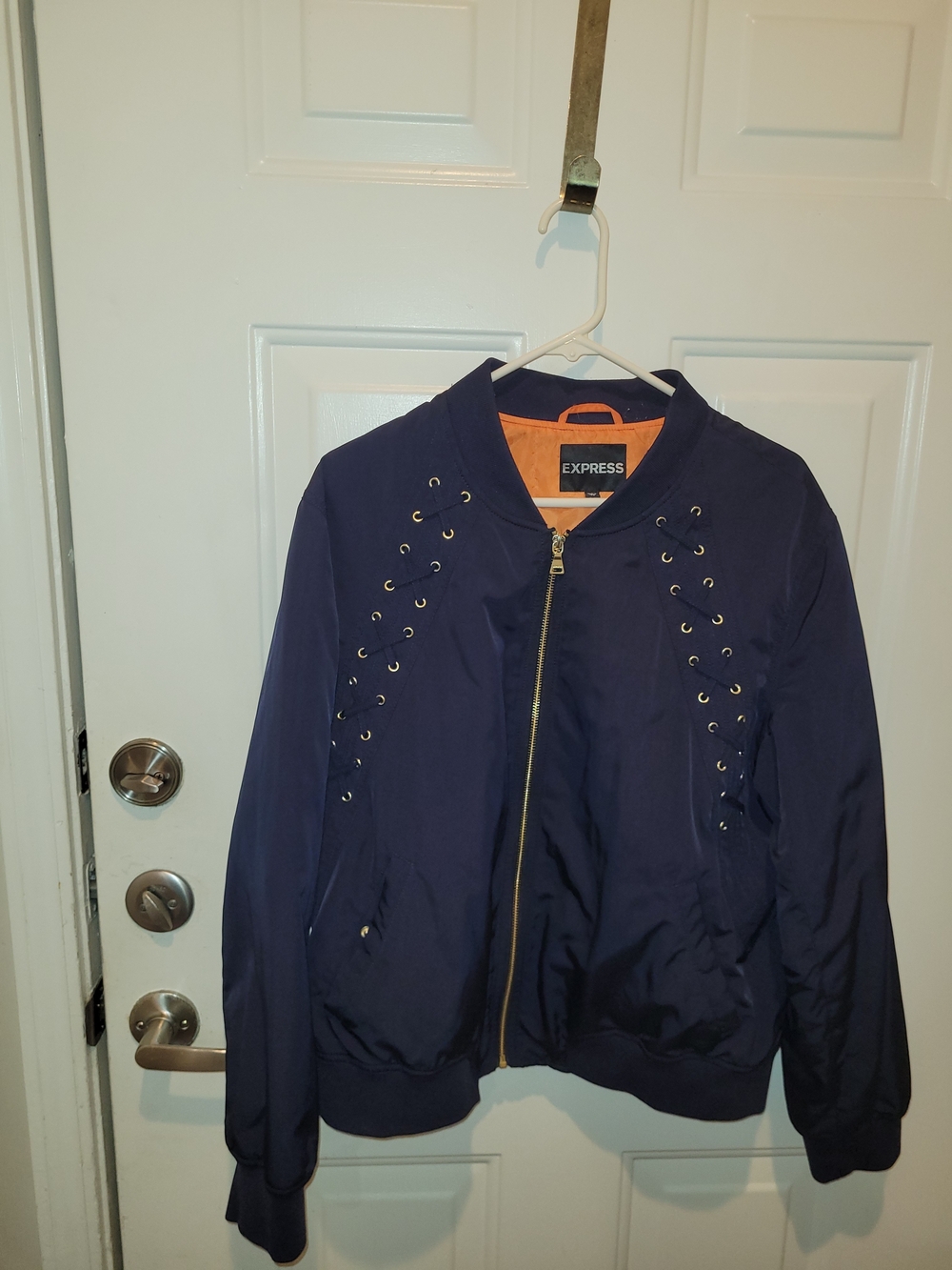 Express Women's Navy Bomber Jacket with Lace-Up Detail.